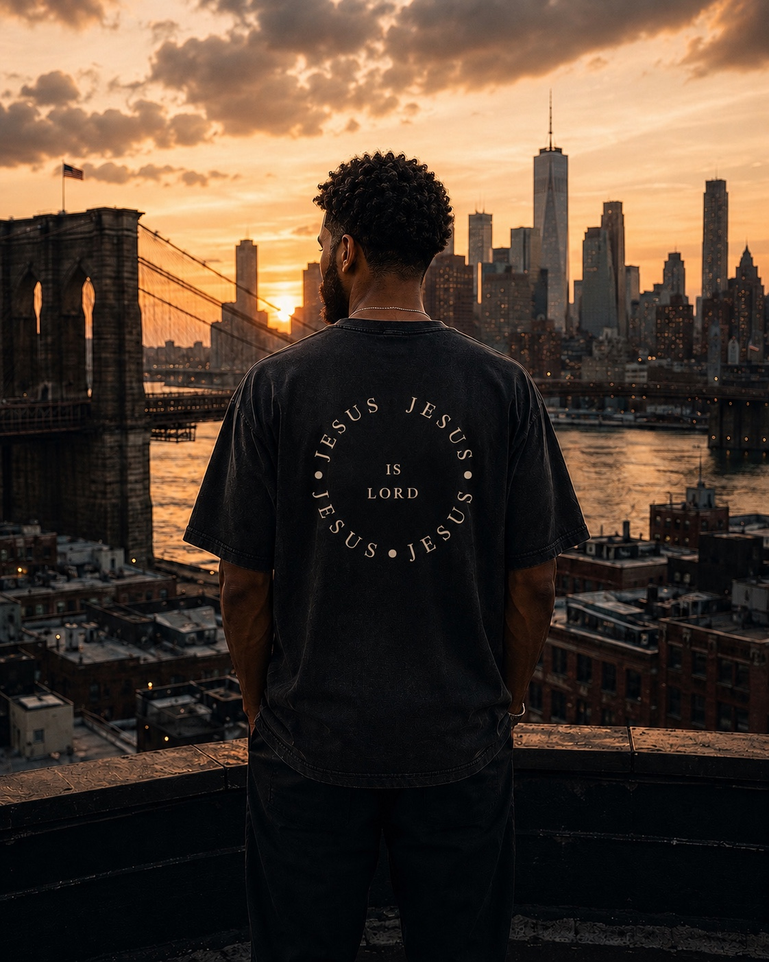 Jesus Is Lord circle shirt on a New York rooftop