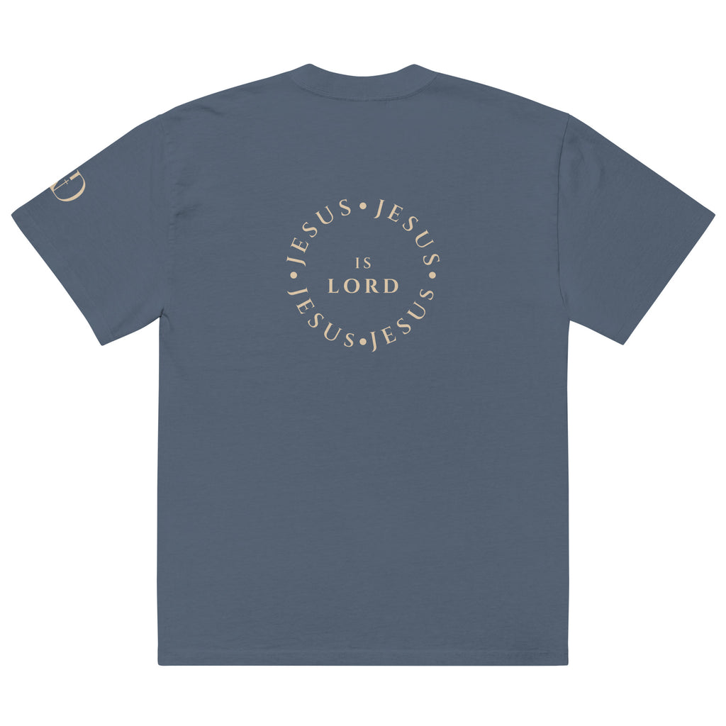Jesus Is Lord Circle oversized T-shirt in faded indigo, back view