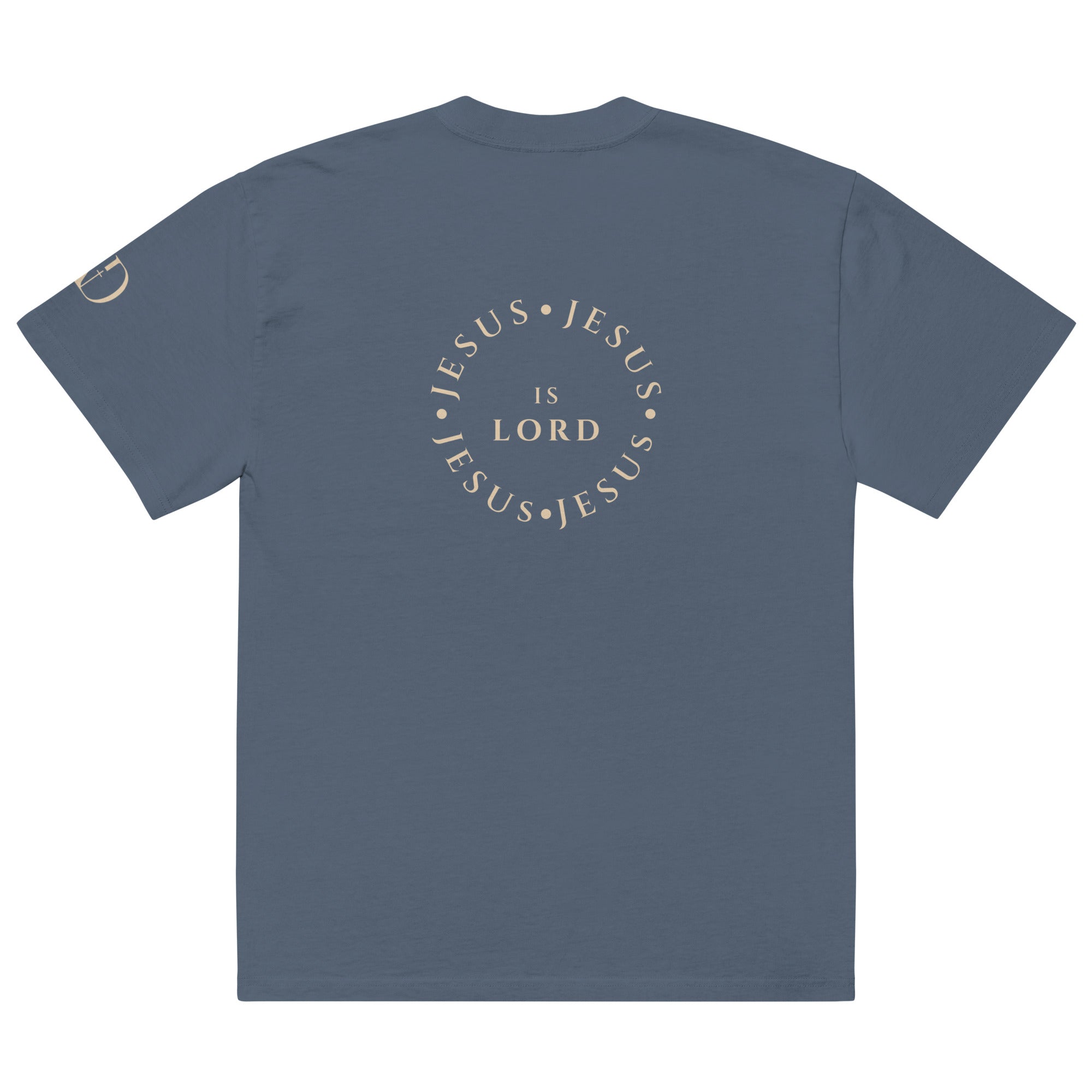 Jesus Is Lord Circle oversized T-shirt in faded indigo, back view