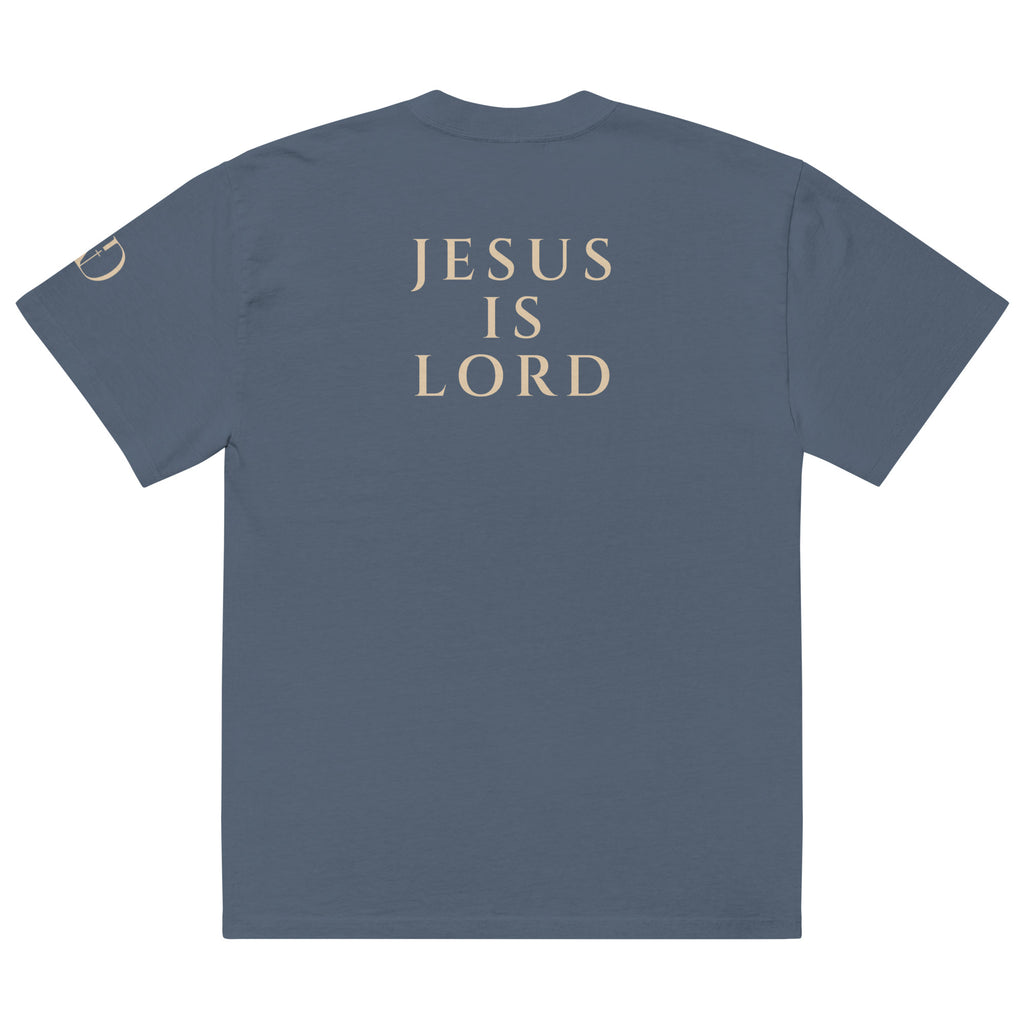 Jesus Is Lord oversized T-shirt in faded indigo, back view