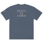 Jesus Is Lord oversized T-shirt in faded indigo, back view