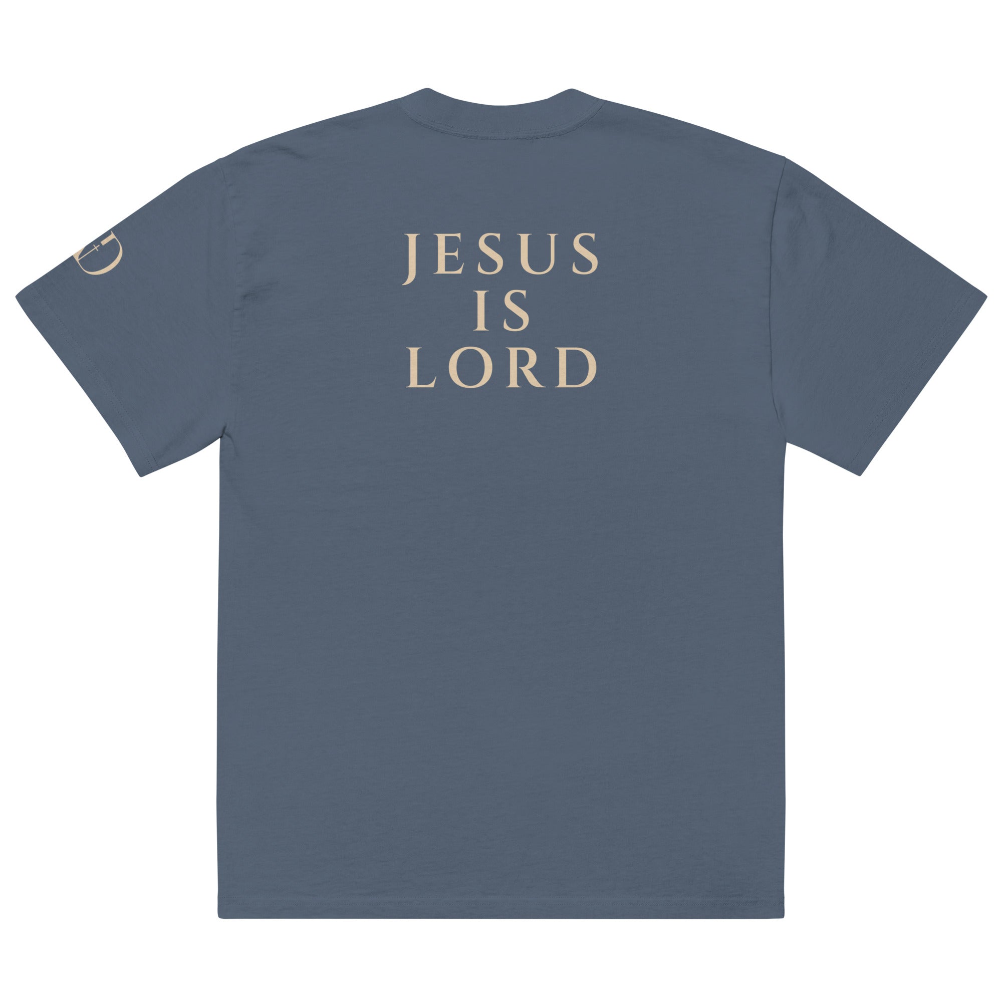 Jesus Is Lord oversized T-shirt in faded indigo, back view