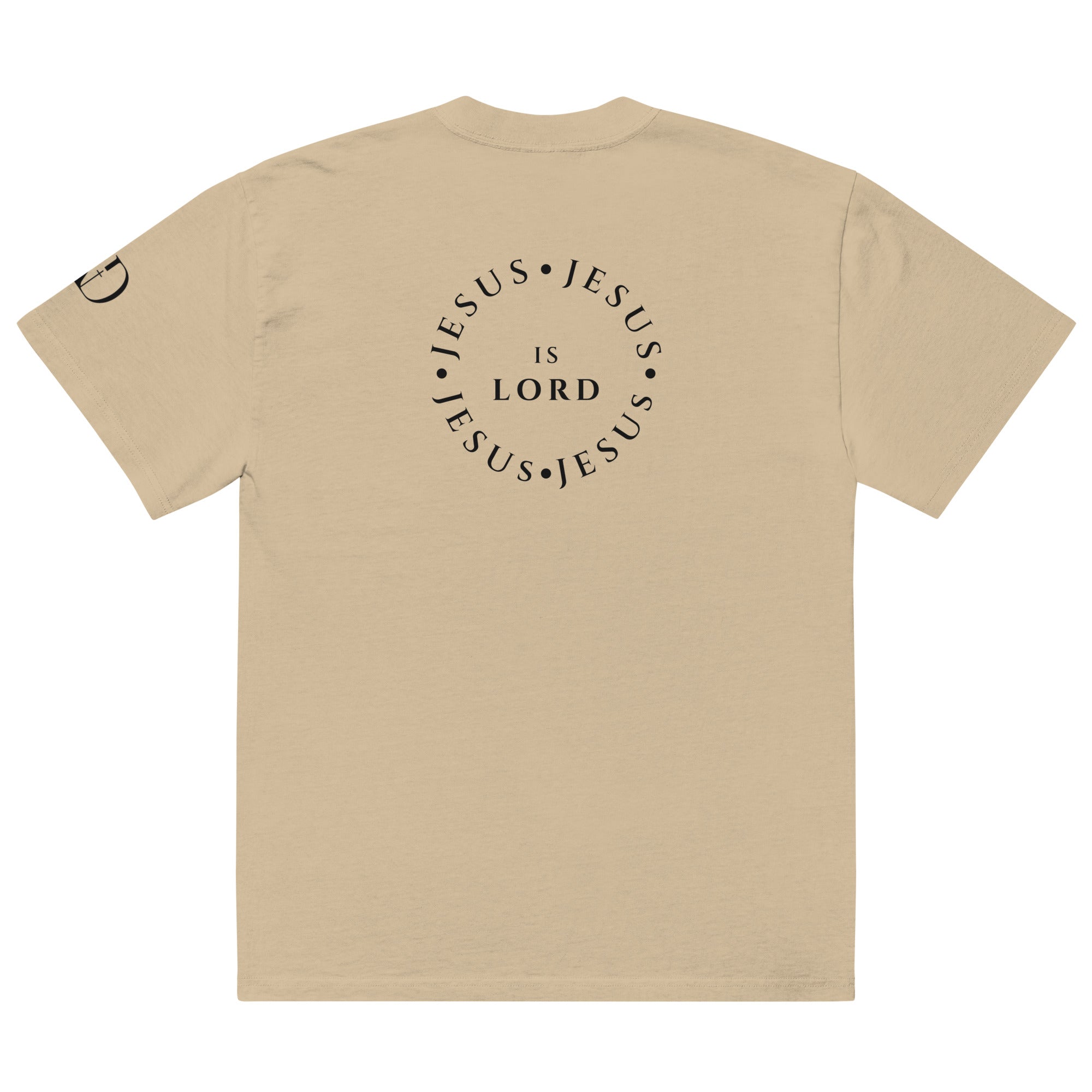 Jesus Is Lord Circle oversized T-shirt in faded khaki, back view