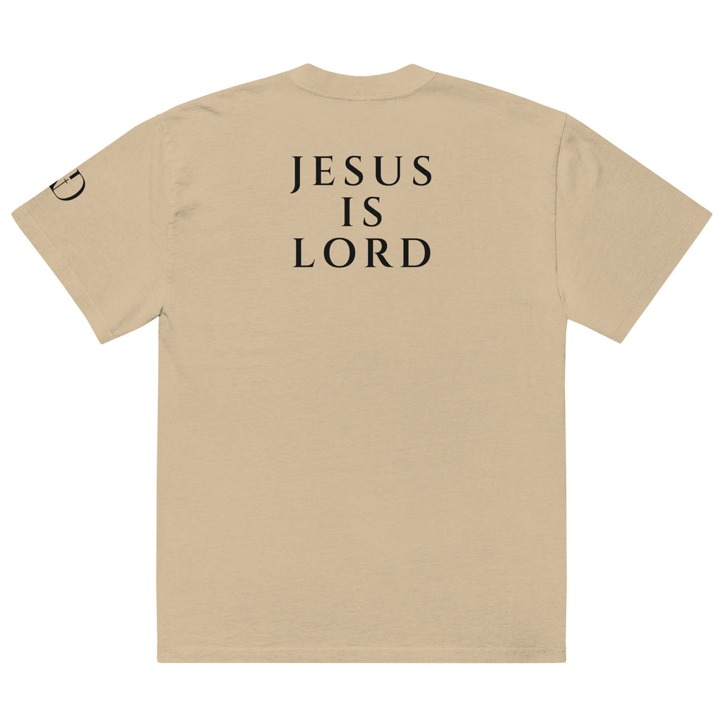 Jesus Is Lord oversized T-shirt in faded khaki, back view