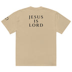 Jesus Is Lord oversized T-shirt in faded khaki, back view