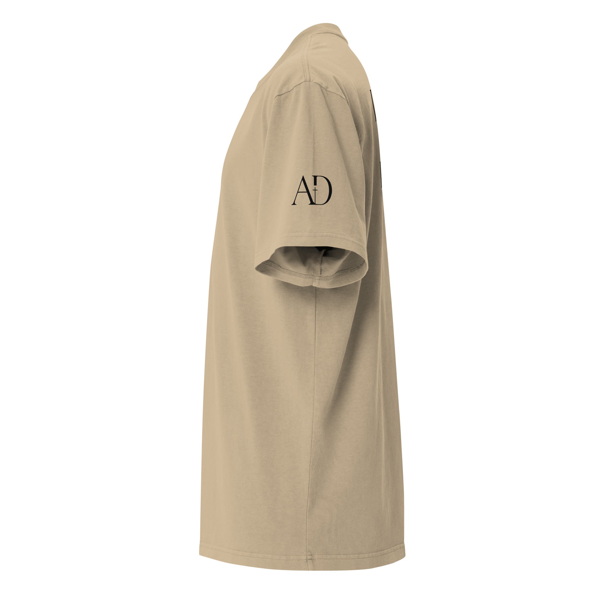 Jesus Is Lord oversized T-shirt in faded khaki, left-side view